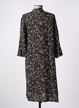 Robe mi-longue imprimé fleurs manches 3/4 noir LES PETITES FLEURS femme