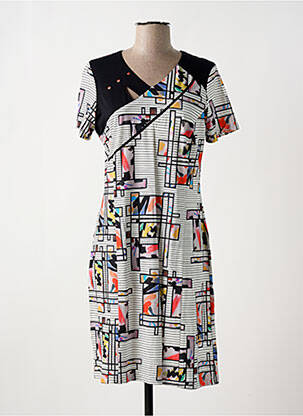 Robe mi-longue imprimé fantaisie manches courtes noir GUY DUBOUIS femme