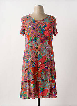 Robe mi-longue imprimé fleurs manches courtes rose GEVANA femme