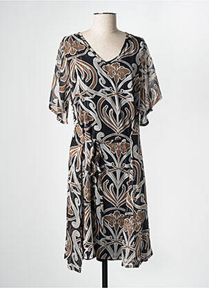 Robe mi-longue imprimé fantaisie manches courtes marron ZHENZI femme