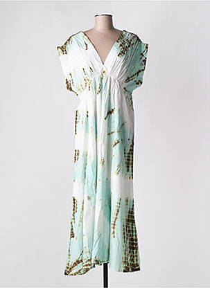 Robe longue imprimé fantaisie manches courtes vert YAATRA femme