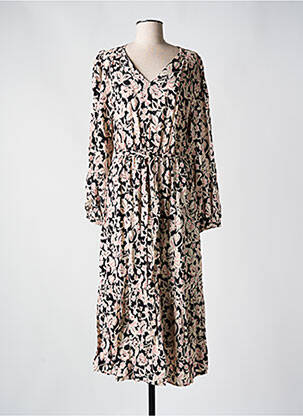 Robe mi-longue imprimé fleurs manches longues noir C'EST BEAU LA VIE femme