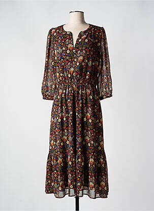 Robe mi-longue imprimé fleurs manches 3/4 noir C'EST BEAU LA VIE femme