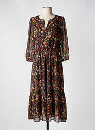 Robe mi-longue imprimé fleurs manches 3/4 noir C'EST BEAU LA VIE femme
