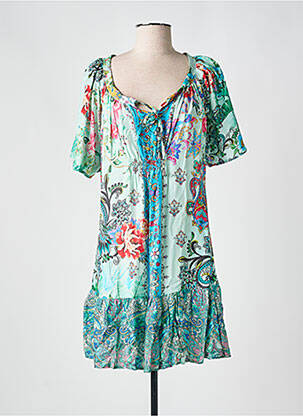 Robe mi-longue imprimé fleurs manches courtes vert VANIA femme