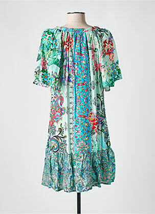 Robe mi-longue imprimé fleurs manches courtes vert VANIA femme