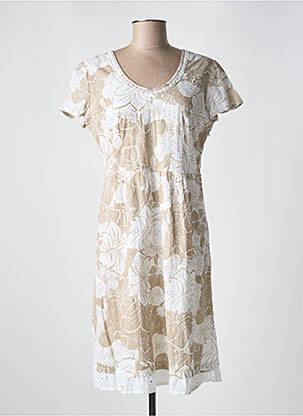 Robe mi-longue imprimé fleurs manches courtes beige JAC JAC femme