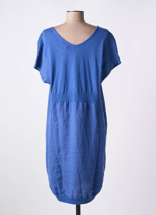Robe mi-longue tissage crêpe manches courtes bleu POU NOU femme