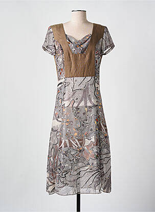 Robe mi-longue imprimé fantaisie manches courtes marron QUATTRO femme