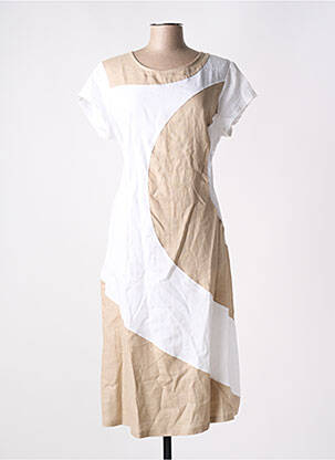 Robe mi-longue tissage crêpe manches courtes beige MALOKA femme