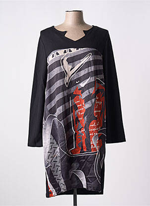 Robe mi-longue imprimé fantaisie manches longues noir MALOKA femme