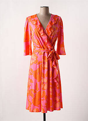 Robe mi-longue imprimé fleurs manches longues orange K-DESIGN femme