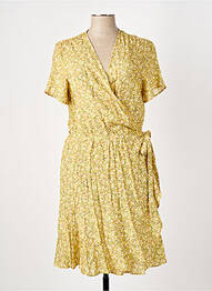 Robe mi-longue imprimé fleurs manches courtes jaune ELORA femme