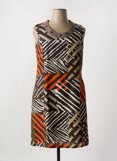 Robe mi-longue tissage crêpe sans manche marron GUY DUBOUIS femme