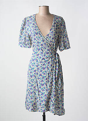 Robe mi-longue imprimé fleurs manches courtes bleu PETITE MENDIGOTE femme