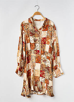 Robe mi-longue imprimé fantaisie manches longues orange REZINE femme