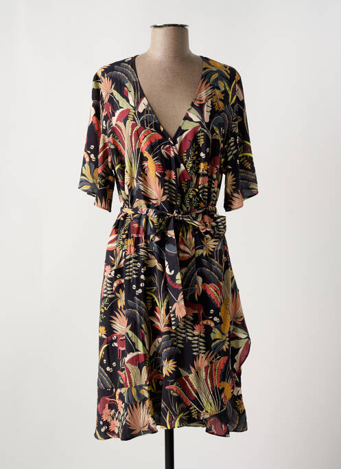 Robe mi-longue imprimé fantaisie manches courtes noir ROSA FAIA femme
