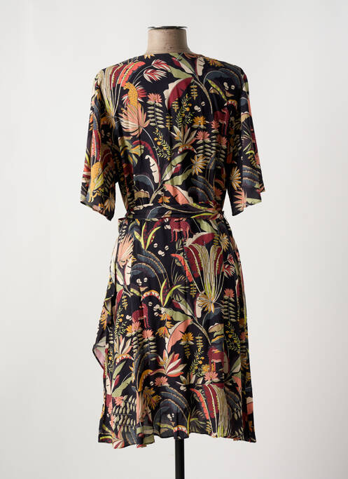 Robe mi-longue imprimé fantaisie manches courtes noir ROSA FAIA femme