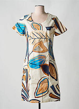 Robe mi-longue imprimé fleurs manches courtes beige GUY DUBOUIS femme
