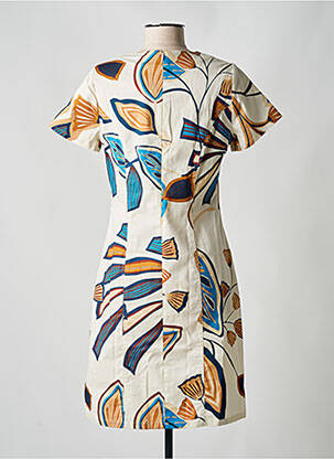 Robe mi-longue imprimé fleurs manches courtes beige GUY DUBOUIS femme