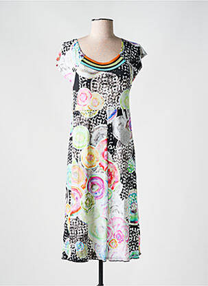 Robe mi-longue imprimé fleurs manches courtes noir TELMAIL femme
