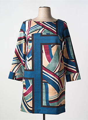 Robe courte manches 3/4 manches 3/4 bleu QUATRE VINGT JOURS femme