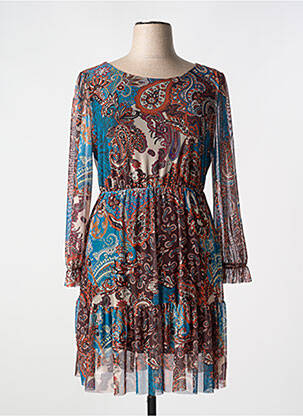 Robe mi-longue coupe fluide manches longues bleu COULEURS DU TEMPS femme