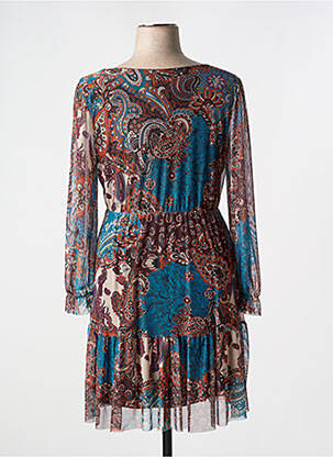 Robe mi-longue coupe fluide manches longues bleu COULEURS DU TEMPS femme