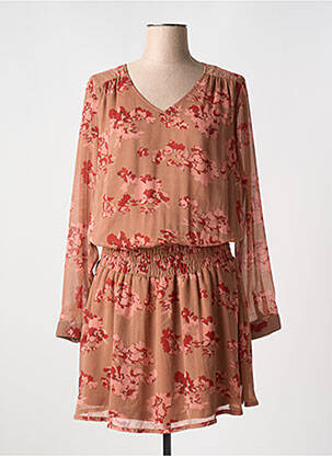 Robe mi-longue imprimé fleurs manches longues marron ICHI femme