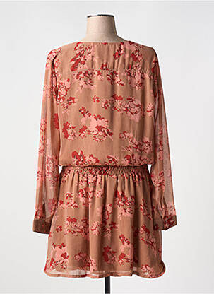 Robe mi-longue imprimé fleurs manches longues marron ICHI femme