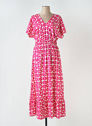 Robe longue imprimé fantaisie manches courtes rose ICHI femme