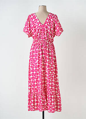 Robe longue imprimé fantaisie manches courtes rose ICHI femme