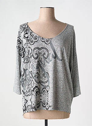 Pull col v manches 3/4 gris DESIGUAL femme