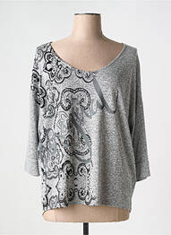 Pull col v manches 3/4 gris DESIGUAL femme