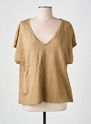 T-shirt col v manches courtes marron MAJESTIC FILATURES femme