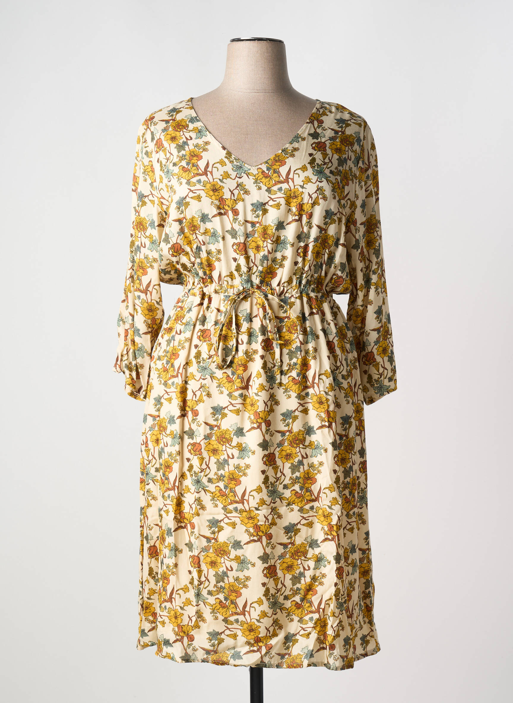 Robe mi-longue imprimé fleurs manches 3/4 beige CREAM femme