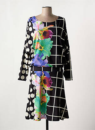 Robe mi-longue imprimé fleurs manches longues noir DESIGUAL femme