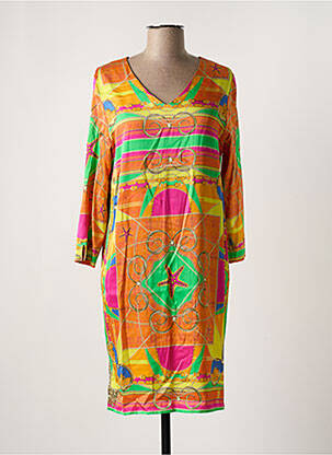 Robe mi-longue imprimé fantaisie manches longues orange MUCHO GUSTO femme