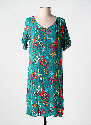 Robe mi-longue imprimé fleurs manches courtes vert COLINE femme