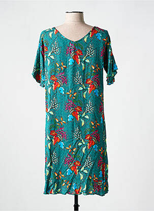 Robe mi-longue imprimé fleurs manches courtes vert COLINE femme