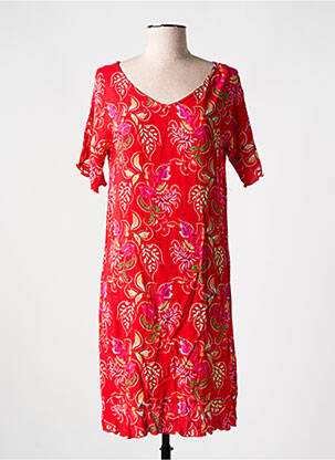 Robe mi-longue imprimé fleurs manches courtes rouge COLINE femme