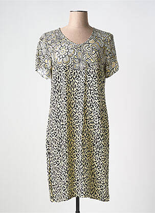 Robe mi-longue imprimé fleurs manches courtes beige MASSANA femme