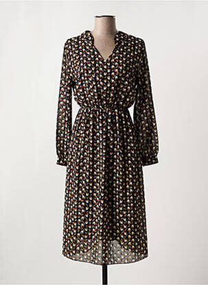 Robe mi-longue imprimé fleurs manches longues noir COULEURS DU TEMPS femme