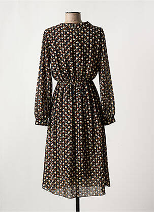 Robe mi-longue imprimé fleurs manches longues noir COULEURS DU TEMPS femme