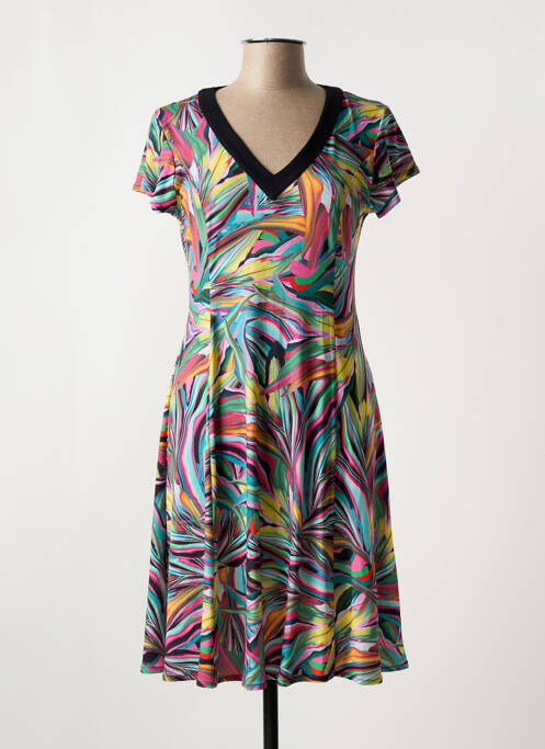 Robe mi-longue imprimé fantaisie manches courtes vert FELINO femme