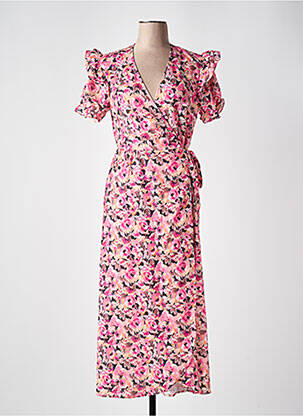 Robe mi-longue imprimé fleurs manches courtes rose KILKY femme