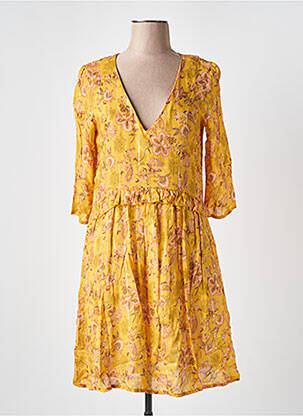Robe mi-longue imprimé fleurs manches longues jaune KANOPE femme