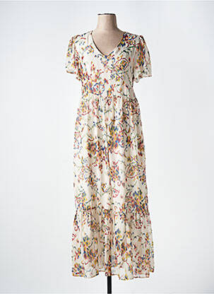 Robe longue imprimé fantaisie manches courtes beige 7 SEASONS femme