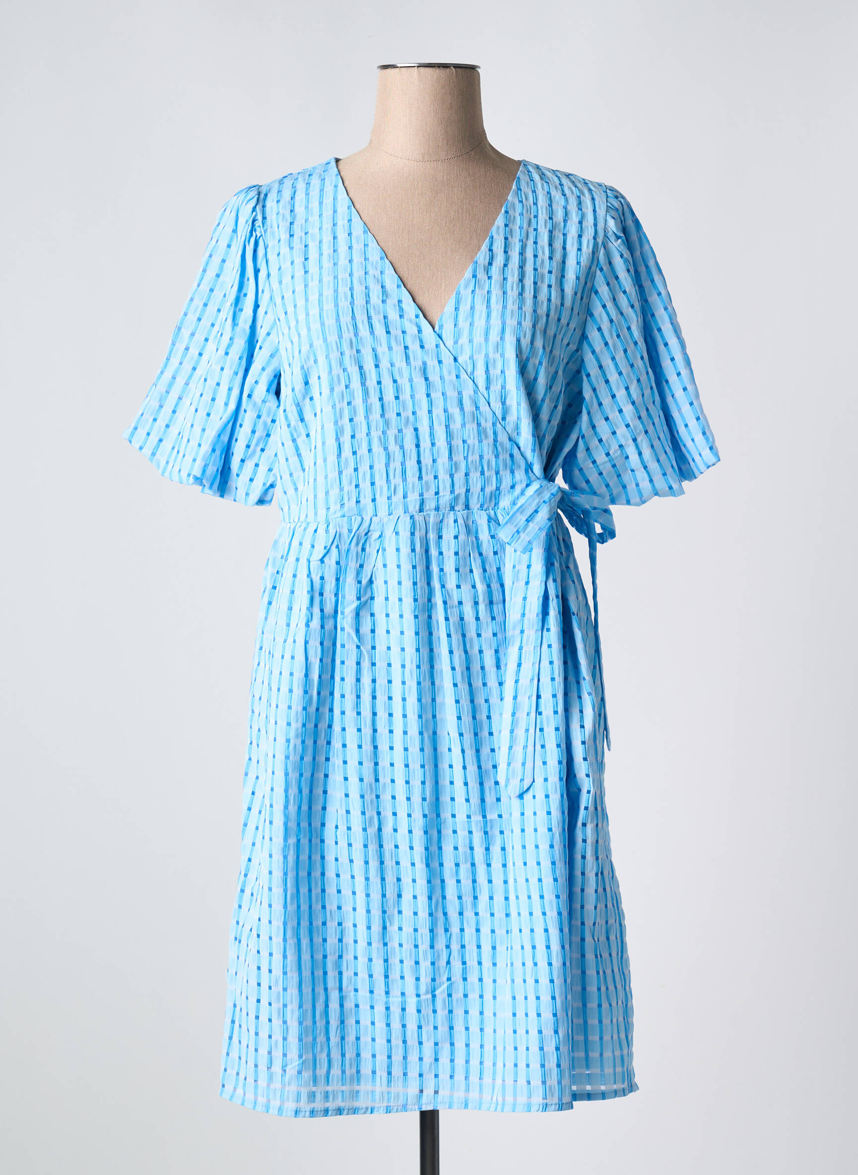 Robe mi-longue tissage crêpe manches courtes bleu ICHI femme