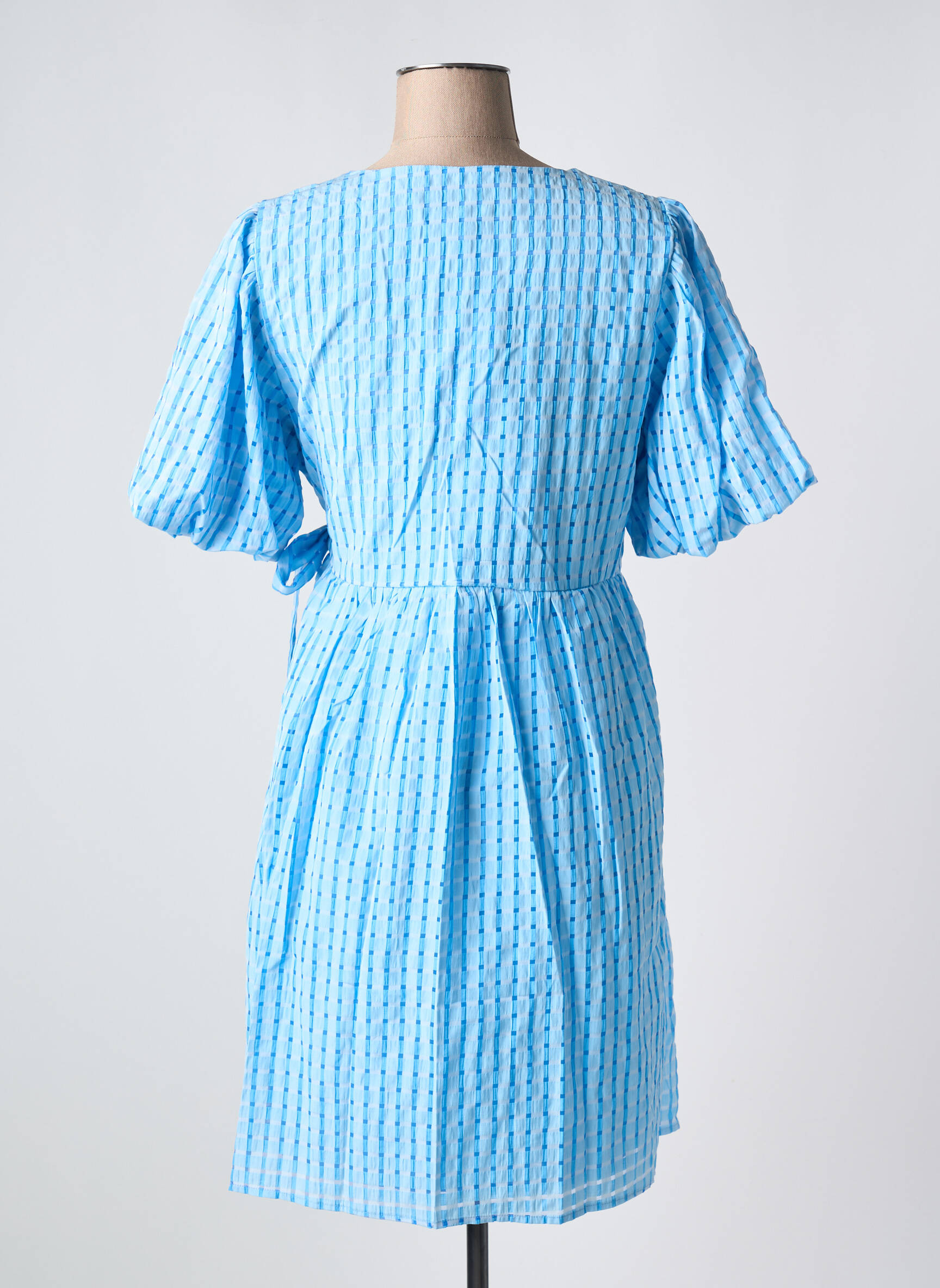 Robe mi-longue tissage crêpe manches courtes bleu ICHI femme